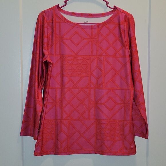 Vineyard Vines Sankaty Printed Boatneck Long-Sleeve Top Shirt Pink Tee Size M - Picture 2 of 6